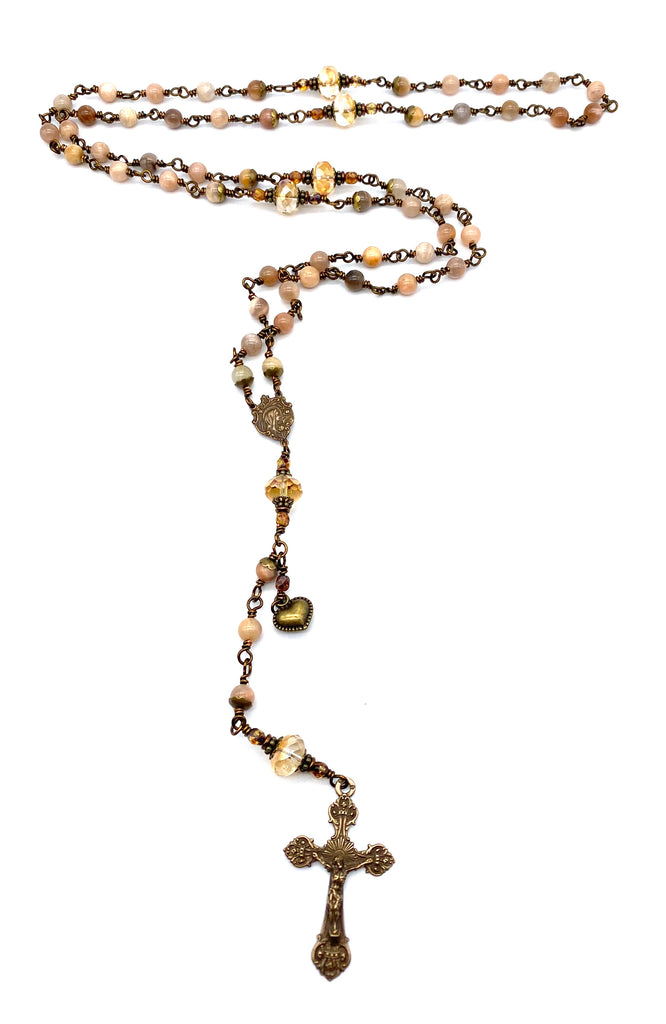 handcrafted vintage inspired sunstone gemstone wire wrapped catholic heirloom rosary medium