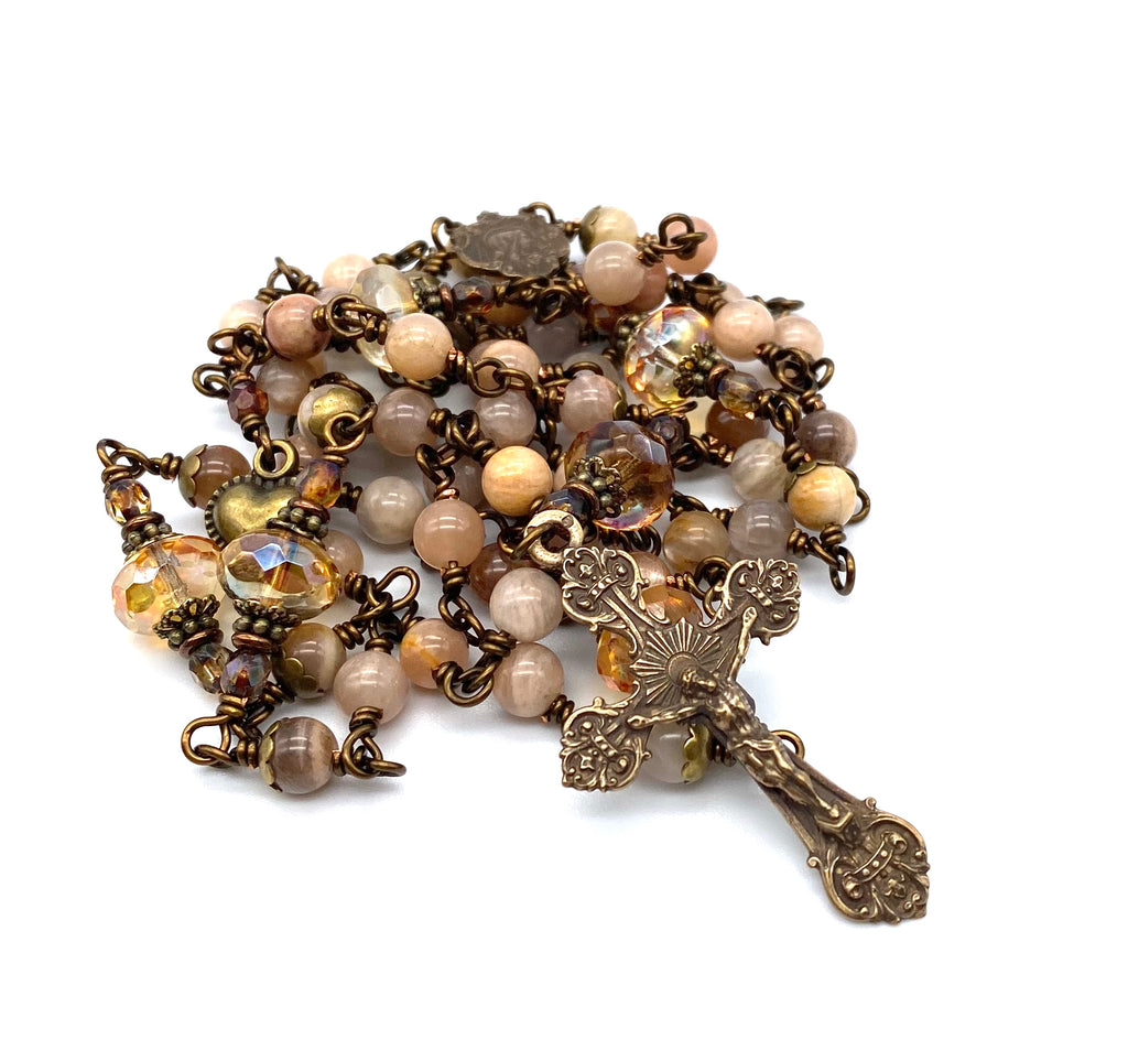 handcrafted vintage inspired sunstone gemstone wire wrapped catholic heirloom rosary medium