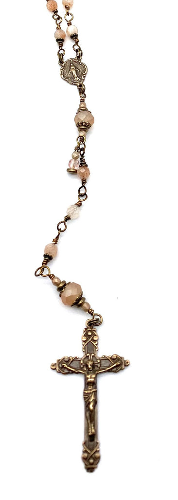 handcrafted vintage inspired sunstone faceted gemstone wire wrapped catholic heirloom rosary petite
