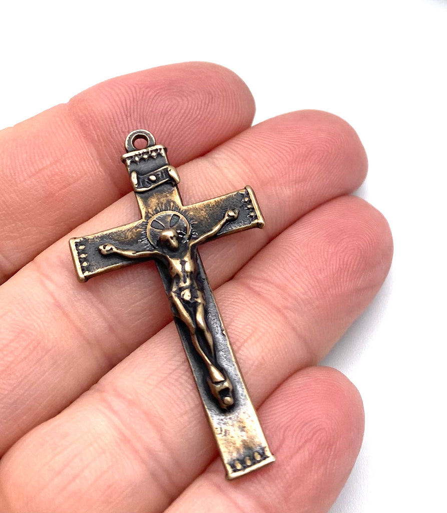 Solid Bronze TRADITIONAL STRAIGHT Rosary Crucifix, Antique/Vintage Reproduction #PG3115