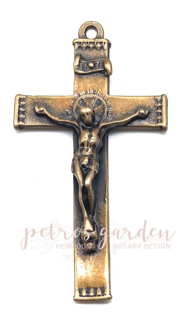 Solid Bronze TRADITIONAL STRAIGHT Rosary Crucifix, Antique/Vintage Reproduction #PG3115