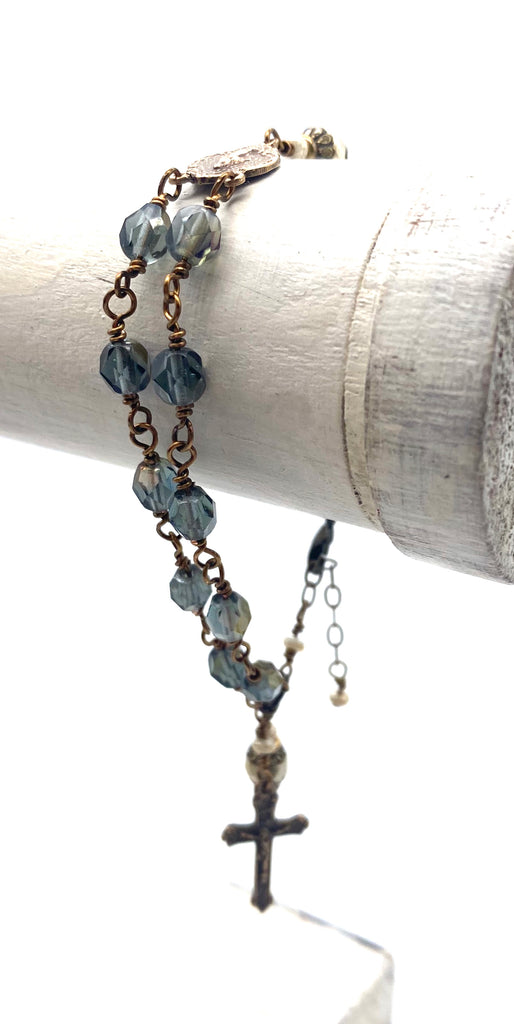 handcrafted vintage inspired twilight blue czech glass wire wrapped catholic heirloom rosary devotional bracelet
