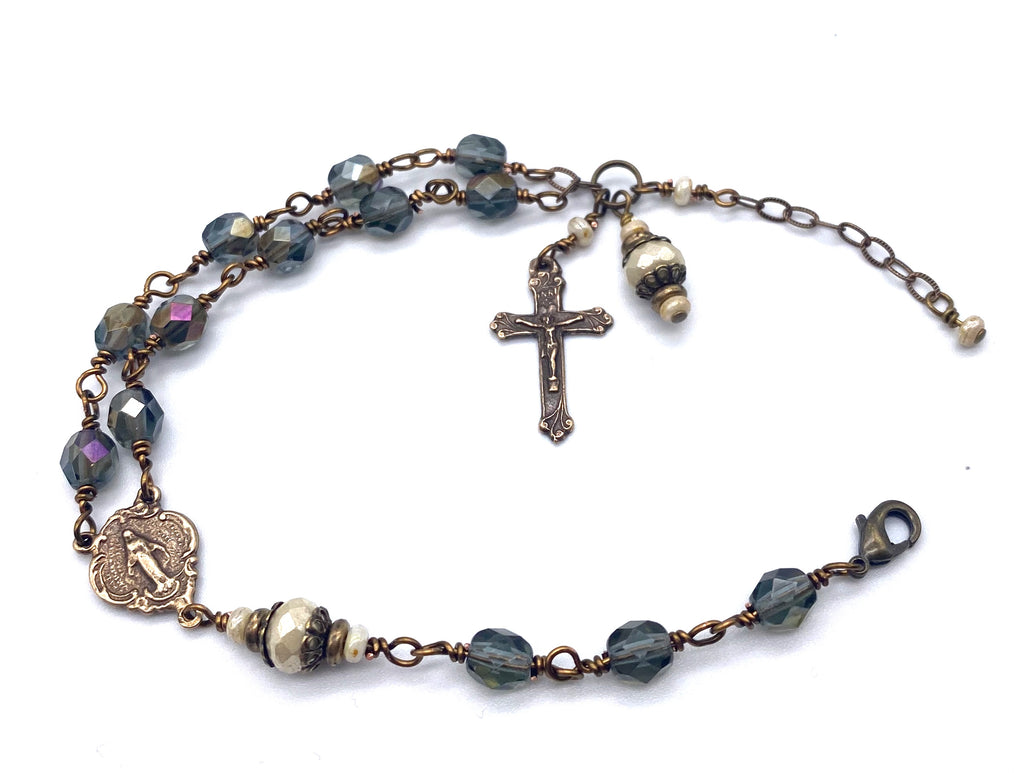 handcrafted vintage inspired twilight blue czech glass wire wrapped catholic heirloom rosary devotional bracelet