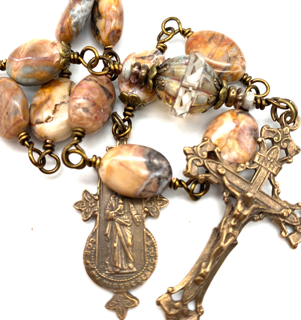 Venus Jasper Gemstone BIG BEAD Wire Wrapped Catholic Heirloom Tenner Rosary