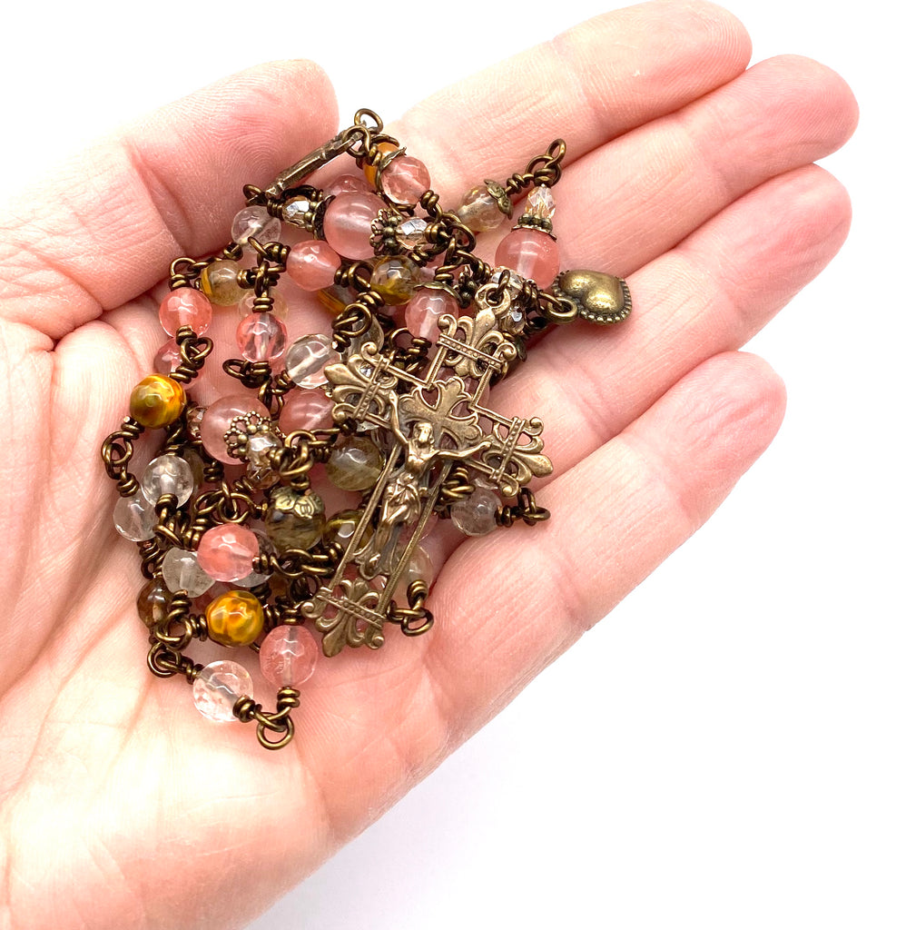 handcrafted vintage inspired watermelon quartz gemstone wire wrappped catholic heirloom rosary medium