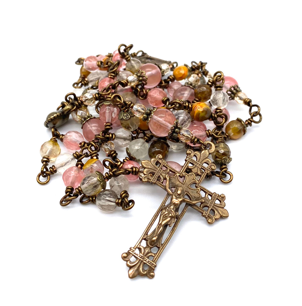 handcrafted vintage inspired watermelon quartz gemstone wire wrappped catholic heirloom rosary medium