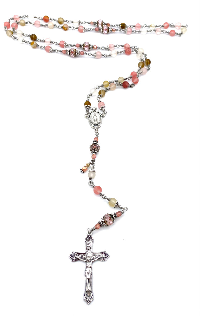 handcrafted vintage inspired watermelon quartz matte gemstone wire wrapped catholic heirloom rosary medium